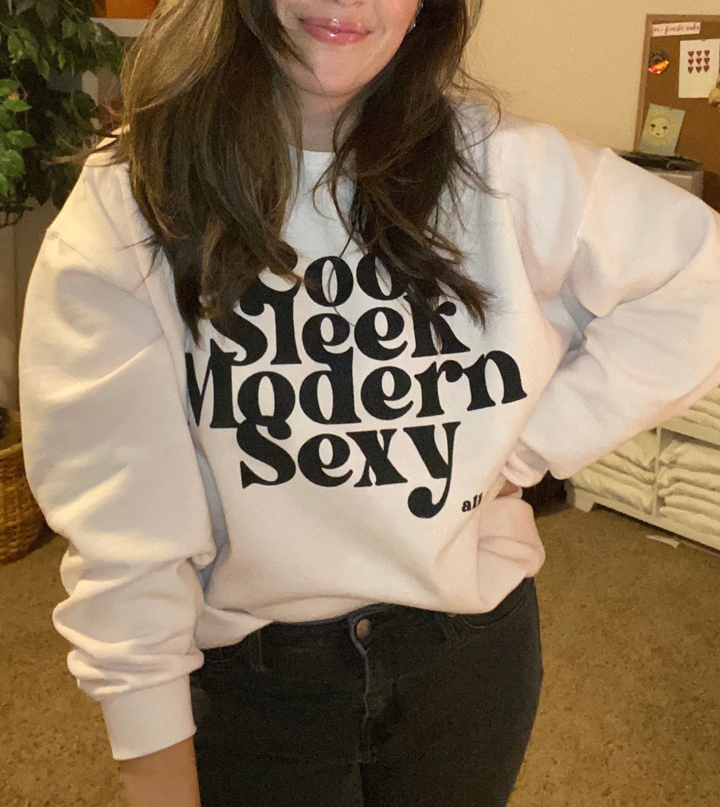 Cool, sleek, modern, sexy, all of it. Sam Kiszka quote sweatshirt. Light peach crewneck Greta Van Fleet sweatshirt.